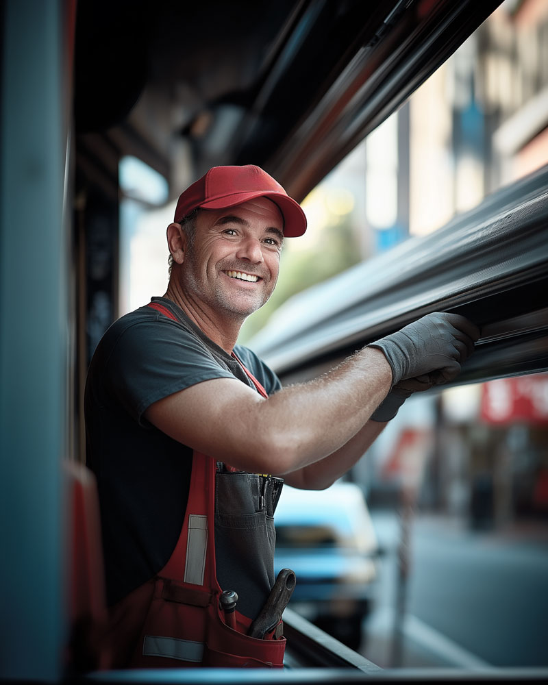 Tradesman-repairing-a-shop-awning Tradesman repairing a shop awning